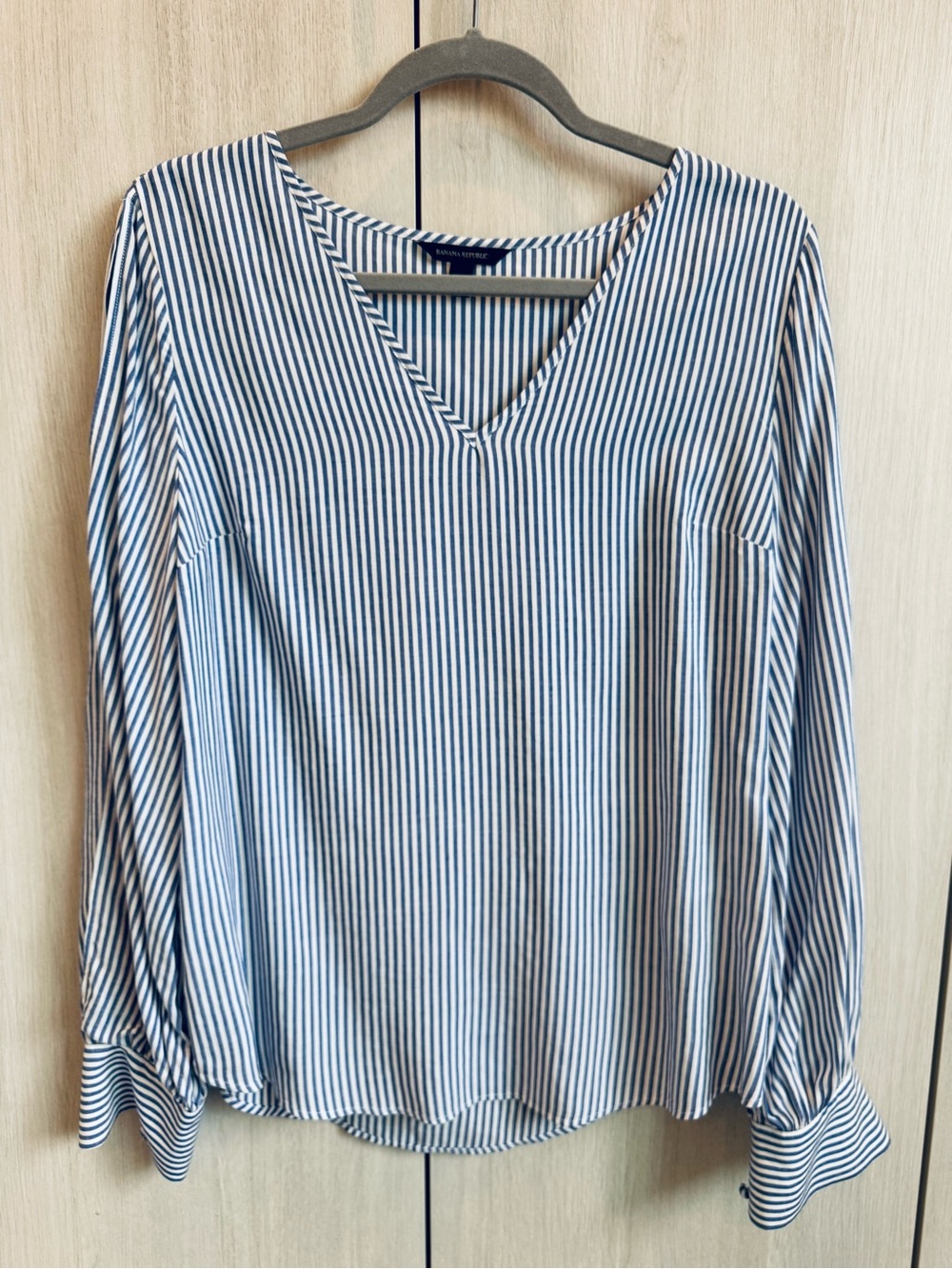 Banana Republic Blue and White Striped V-Neck Blouse